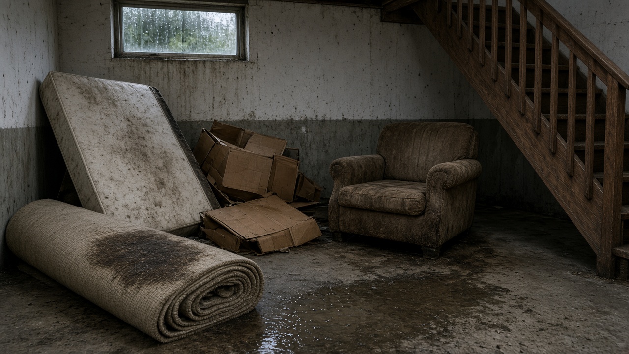 Rolled wet carpet, a stained mattress, collapsed cardboard boxes, and a ruined armchair staged by basement stairs after heavy rain in a Metro Vancouver home