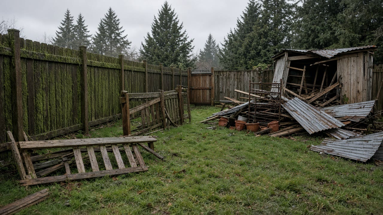 Broken cedar fence panels, bent metal roofing, and a partly collapsed garden shed staged by a side gate in a wet Metro Vancouver backyard