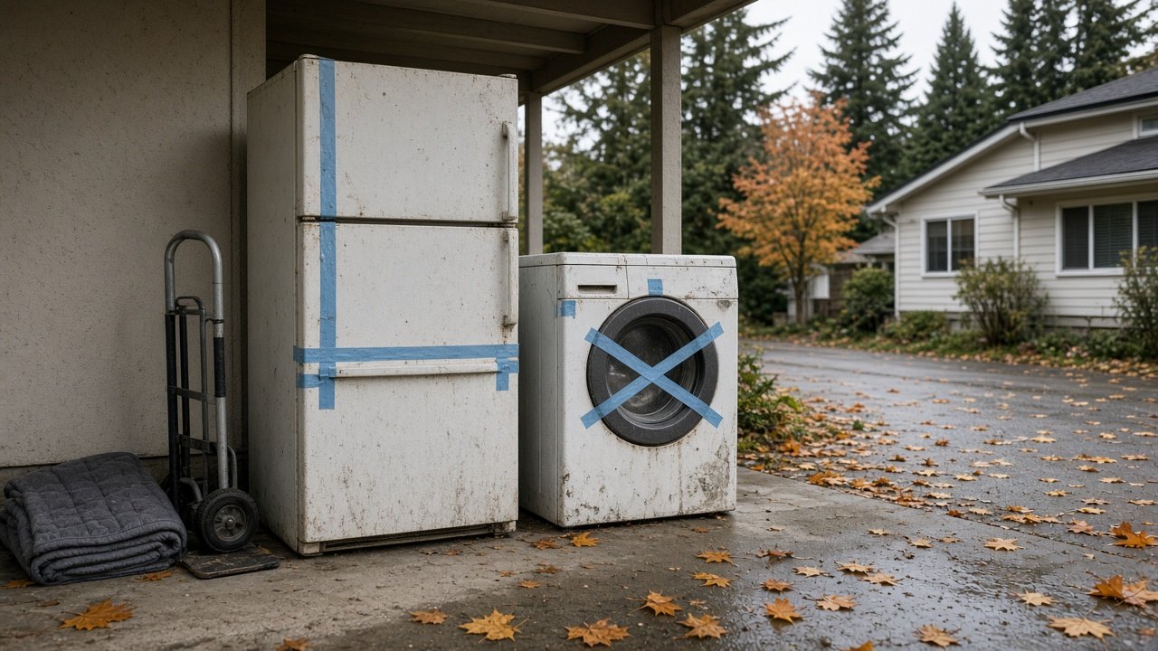 Failed fridge and laundry appliances staged for fall removal before winter in Metro Vancouver