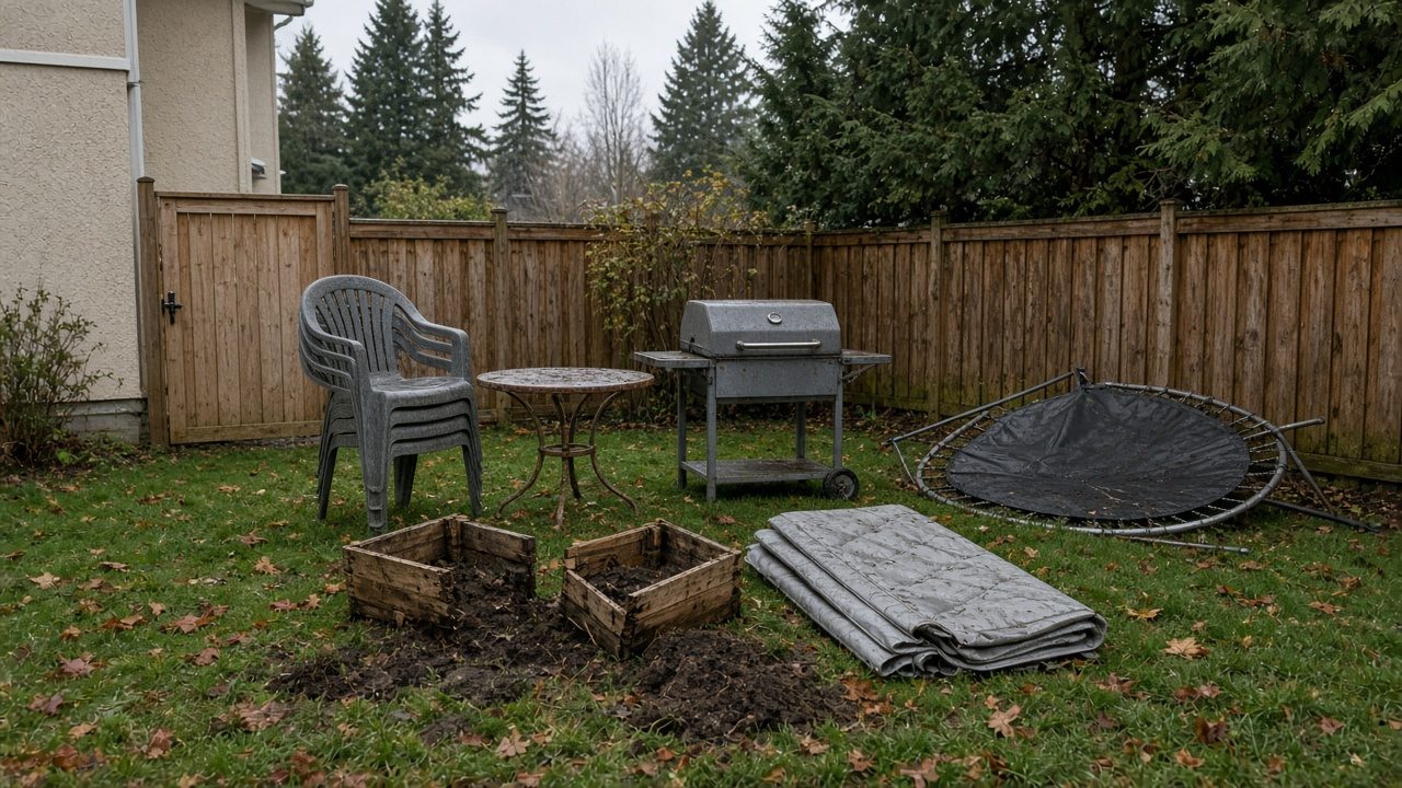 Weathered patio chairs, a rusted grill, split wooden planters, and a folded hot tub cover staged by a backyard gate in grey fall light in Metro Vancouver