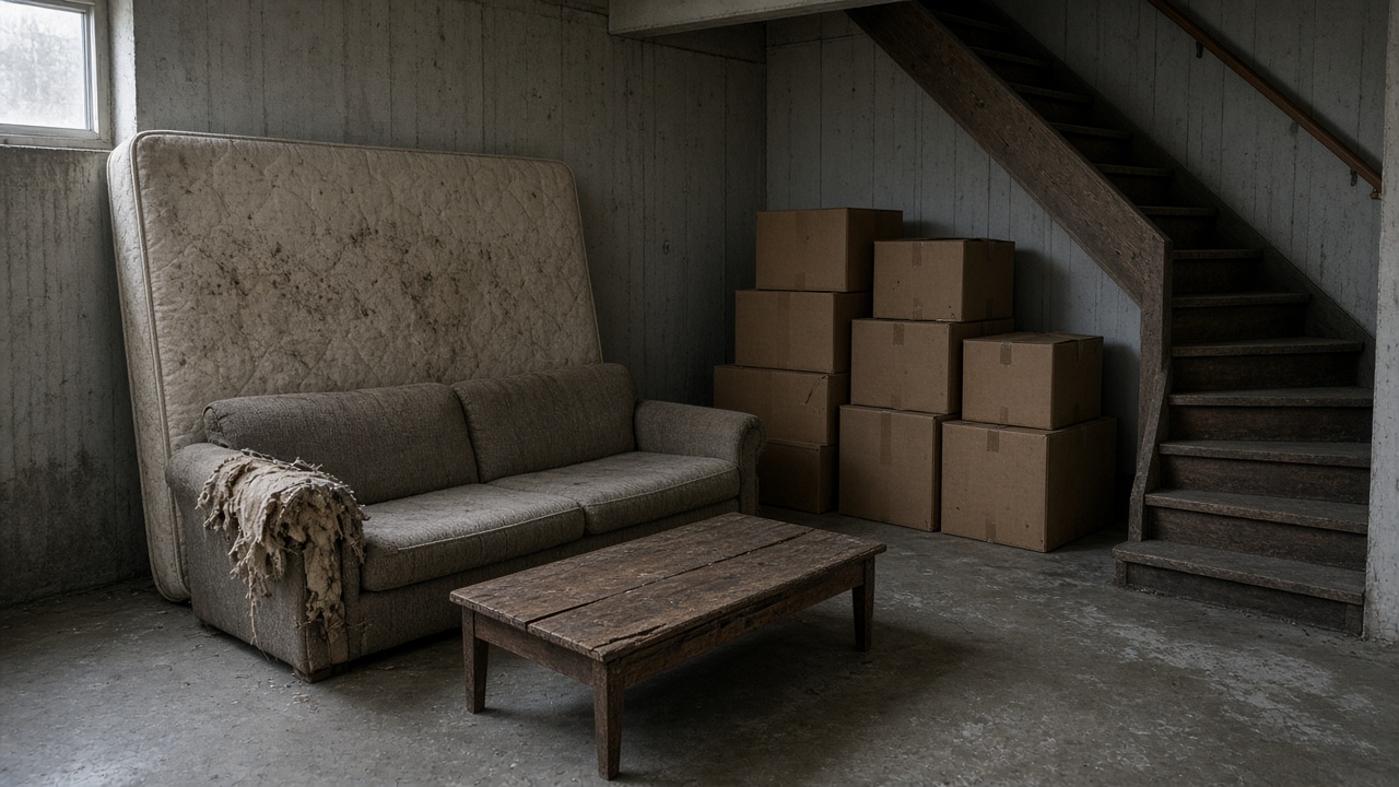 Stained mattress leaning on a concrete wall, a worn sofa with a frayed throw, a wooden coffee table, and stacked cardboard boxes by basement stairs in a Metro Vancouver home