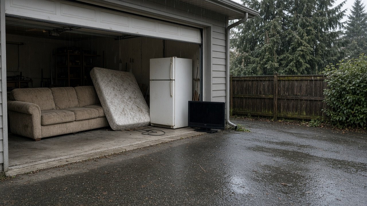 Worn beige couch, stained mattress, unplugged white fridge, and an old flat-screen TV staged inside an open garage in a Metro Vancouver home, with grey fall rain outside