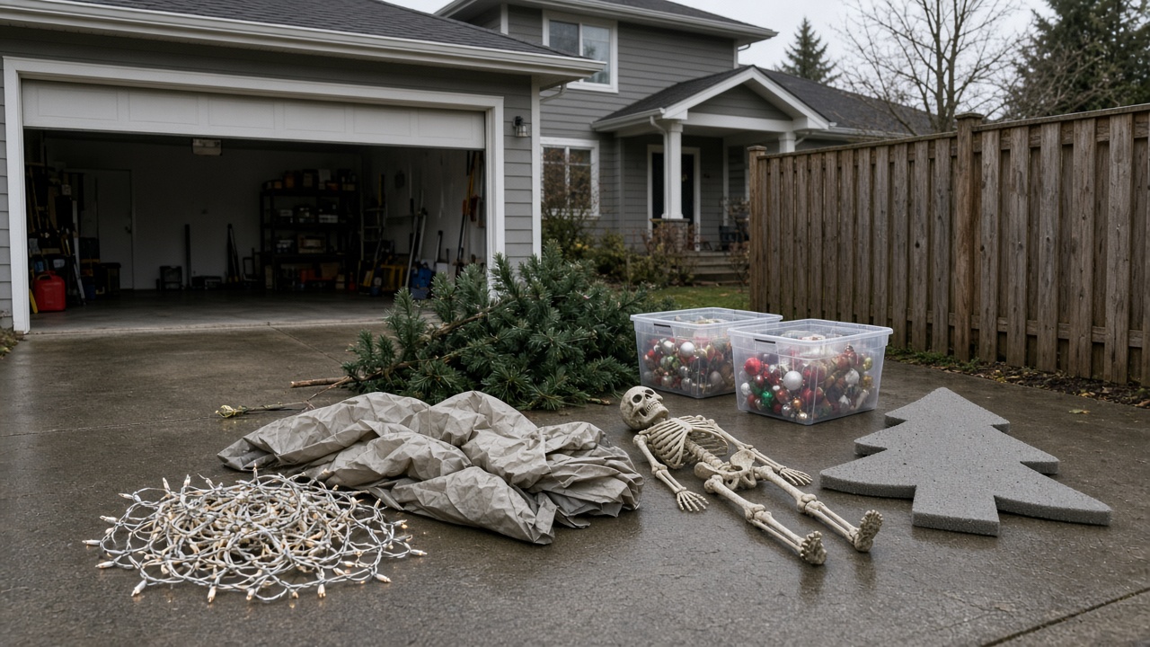 Tangled string lights, a deflated inflatable, a plastic skeleton, and artificial tree sections staged by an open garage in grey fall light in Metro Vancouver