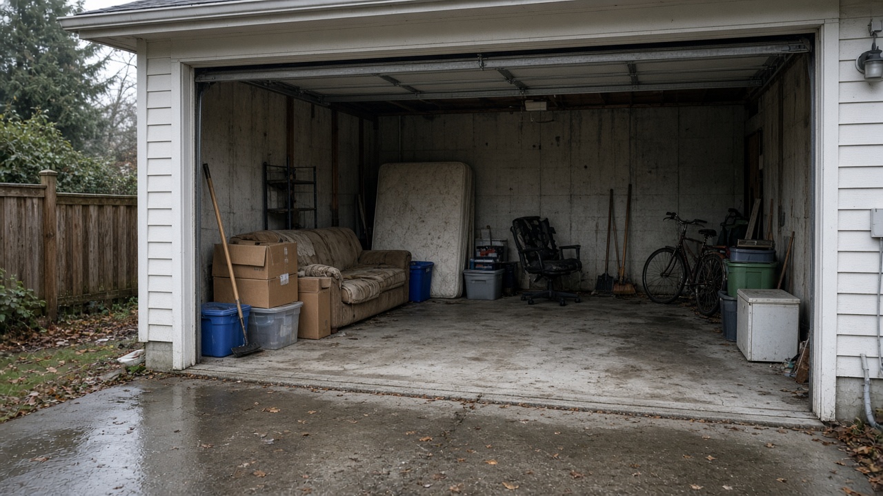 Cluttered Metro Vancouver garage in grey fall light with boxes, a sofa, and a freezer staged by the open door so a car can park