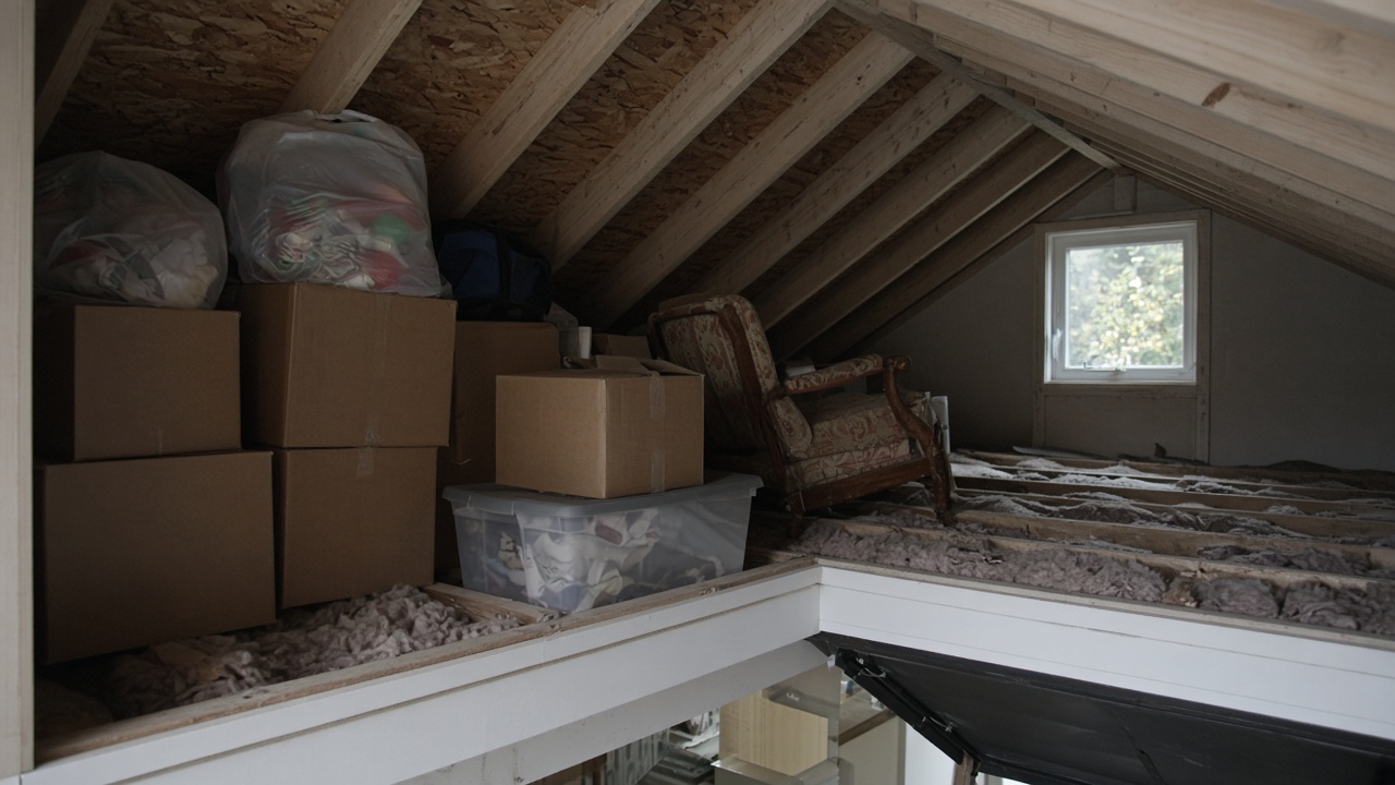 Packed attic and upstairs storage staged for fall junk removal cleanout in Metro Vancouver