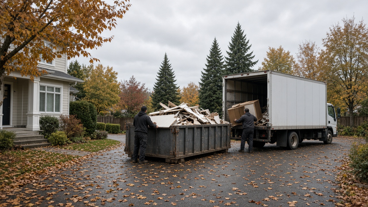 Driveway waste bin filled with fall renovation debris beside a junk removal truck and crew in Metro Vancouver.