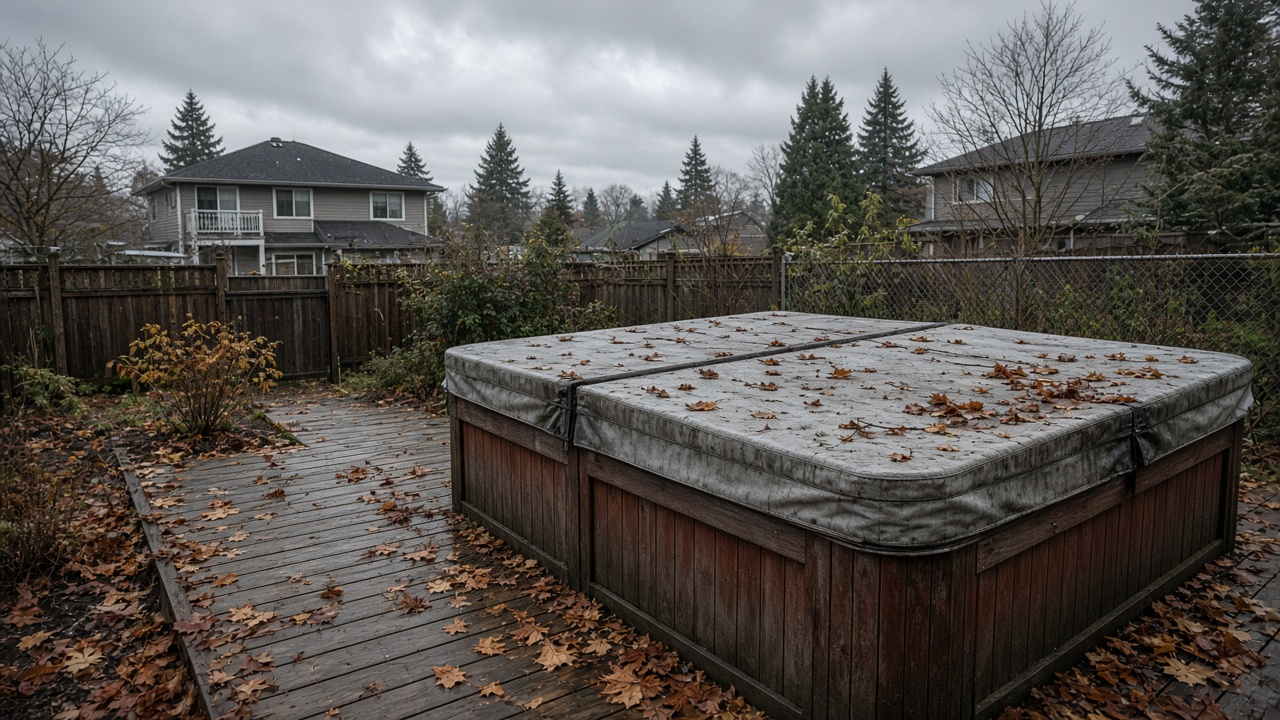 Unused residential hot tub on a Metro Vancouver patio deck on an overcast fall day ready for drain and removal