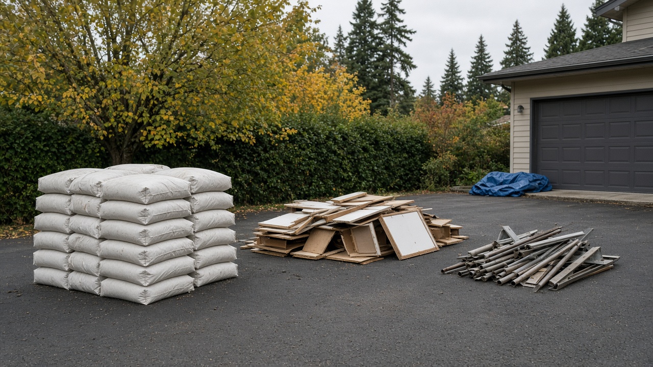 Bagged drywall and construction debris staged for fall reno wrap-up junk removal in Metro Vancouver
