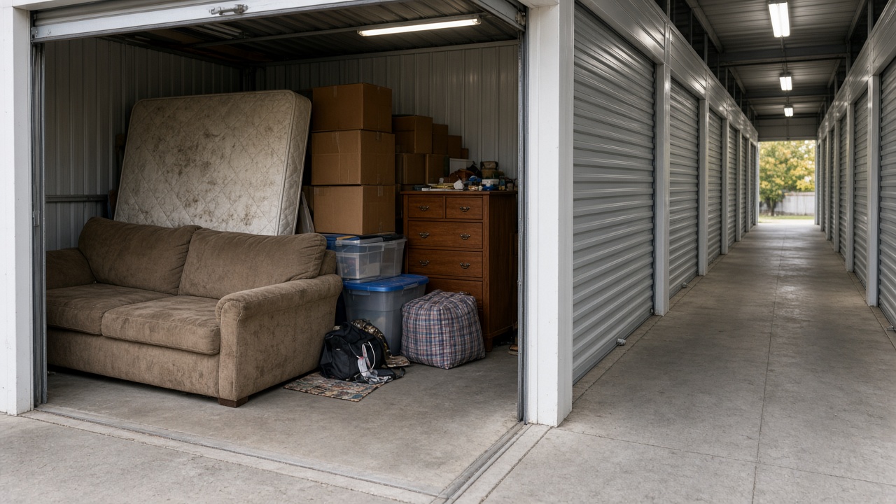 Packed self-storage unit staged for fall junk removal cleanout in Metro Vancouver