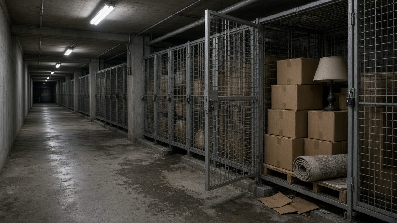 Open condo storage locker with stacked boxes, old lamp, and damp cardboard in an underground strata locker aisle in Metro Vancouver