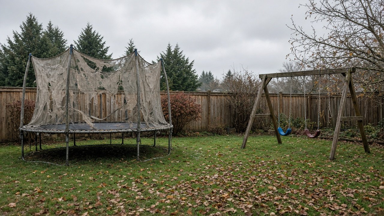 Unused residential trampoline and outdoor playset in a Metro Vancouver backyard on an overcast fall day ready for removal
