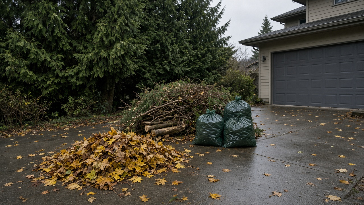 Fall leaf and branch piles staged for green waste pickup in Metro Vancouver