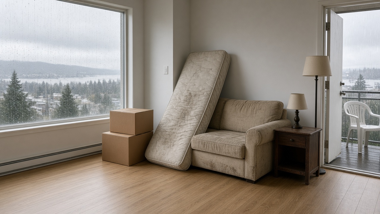 Worn beige couch, stained mattress, cardboard boxes, a nightstand, and a floor lamp staged by an open doorway in an empty Metro Vancouver condo, with rain on the window