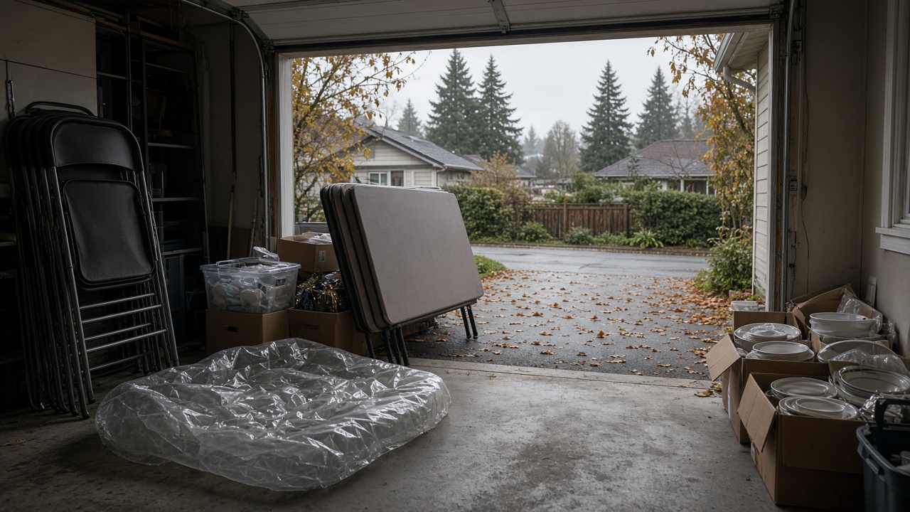 Folding chairs, air mattress and party gear stacked by an open garage door in a Metro Vancouver home after holiday hosting