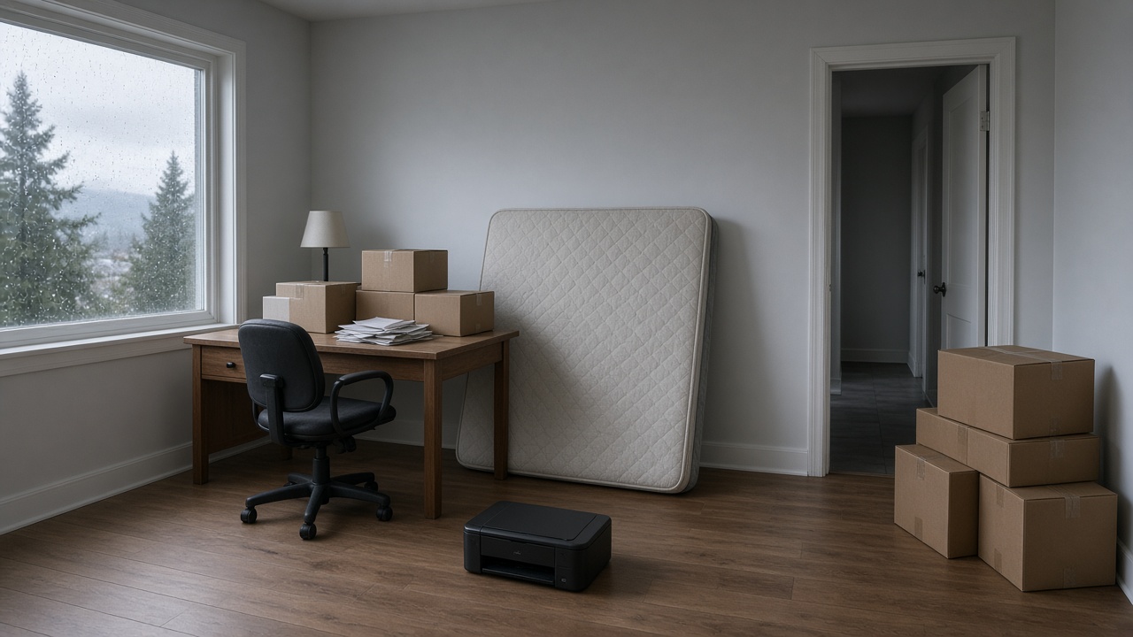 Cardboard boxes, a cluttered desk, an office chair, and a spare bed staged in a spare room with an open doorway in grey fall light in a Metro Vancouver home