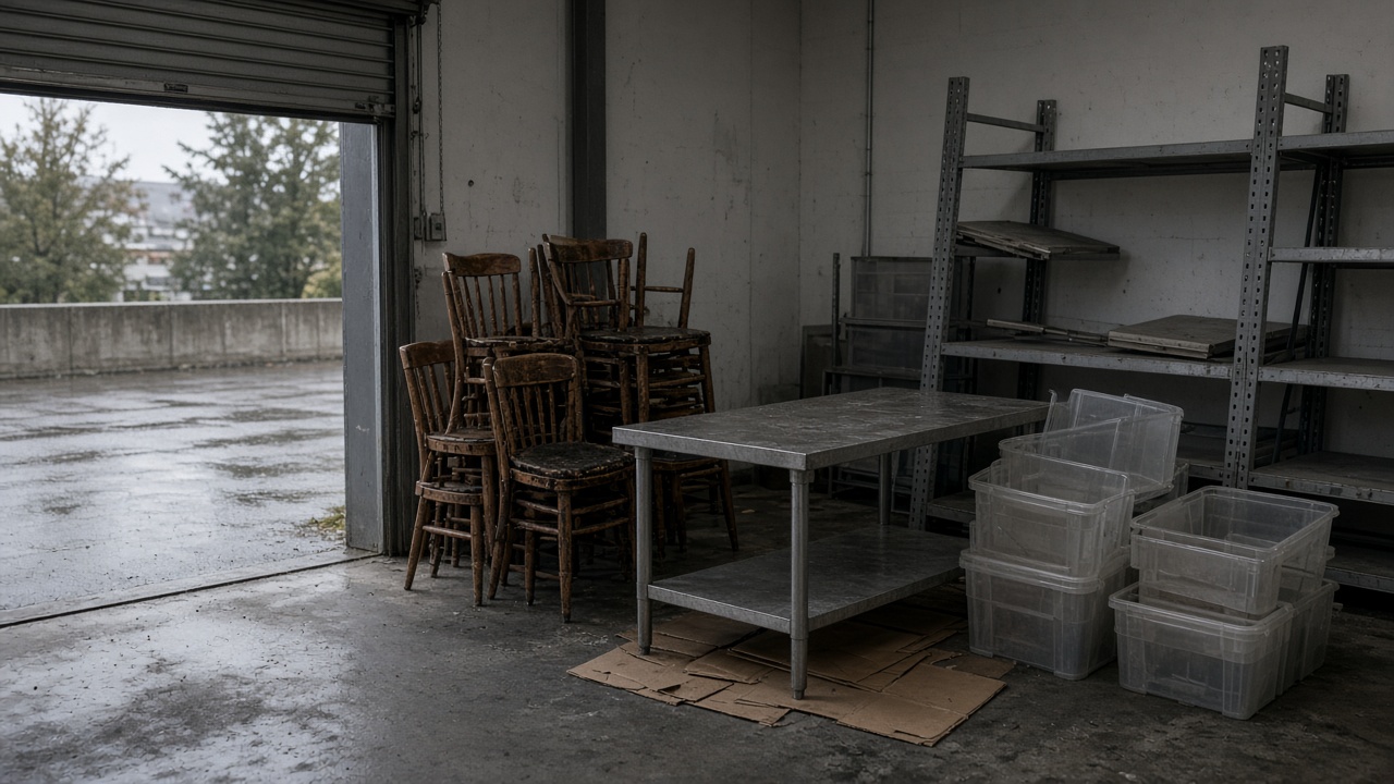 Broken wooden cafe chairs, a stainless prep table, flattened cardboard, clear storage bins, and empty metal shelving staged by an open loading door in a Metro Vancouver restaurant back room