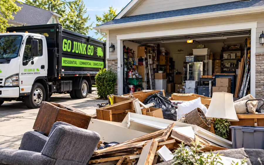 Go Junk Go truck in front of a packed garage during a whole-property cleanout
